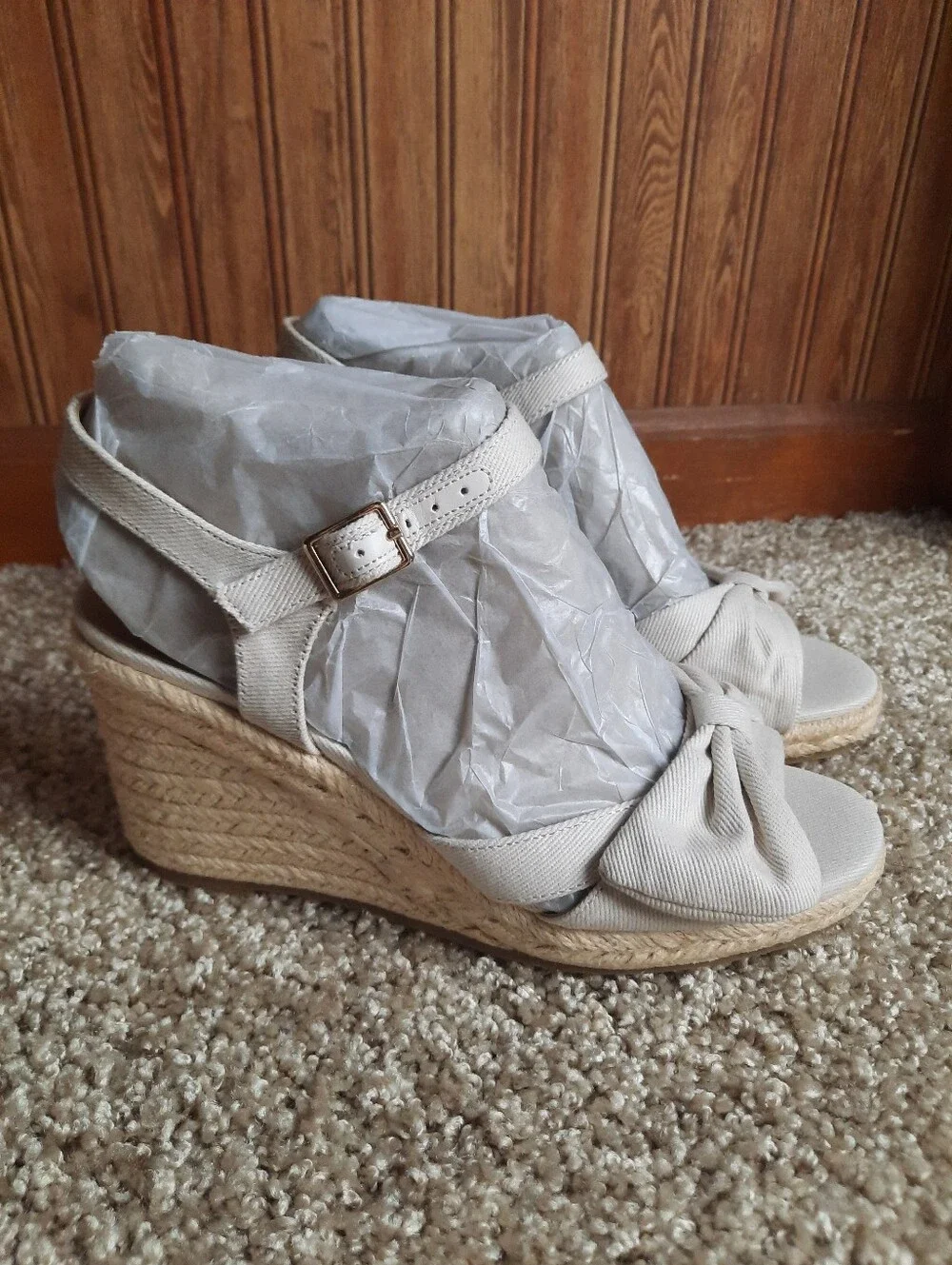 🛍 NIB Life Stride Tahlia Bone Canvas Ankle Strap Bow Espadrille Wedges Size 7